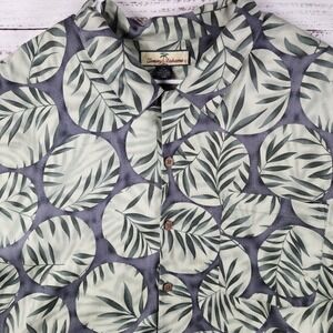 Tommy Bahama Silk Camp Shirt XXL Relaxed Gray Green Leaf Print Hawaiian Aloha